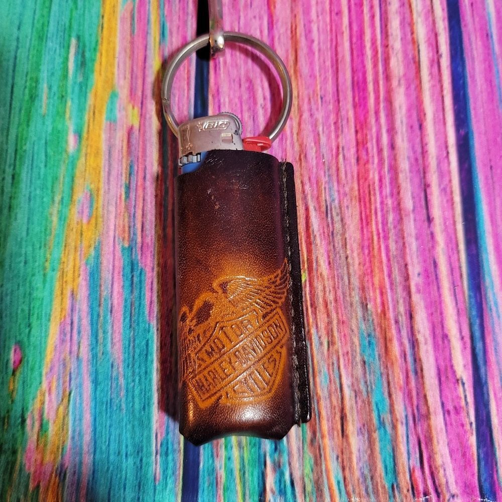 Vintage Harley Davidson Leather Lighter Holders with Clips - Marked